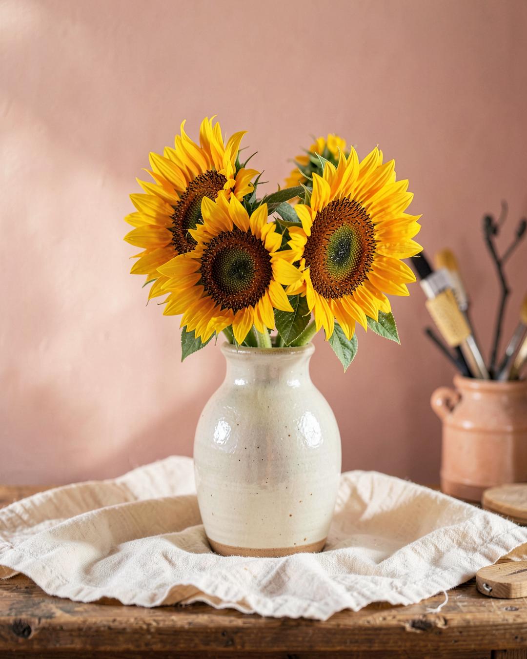 Sunflowers arranged in a handmade ceramic vase on soft linen